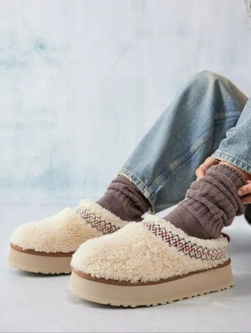 Tazz Ugg Heritage Braid Slippers Shearling Chunky Platform Shoes Clogs Natural